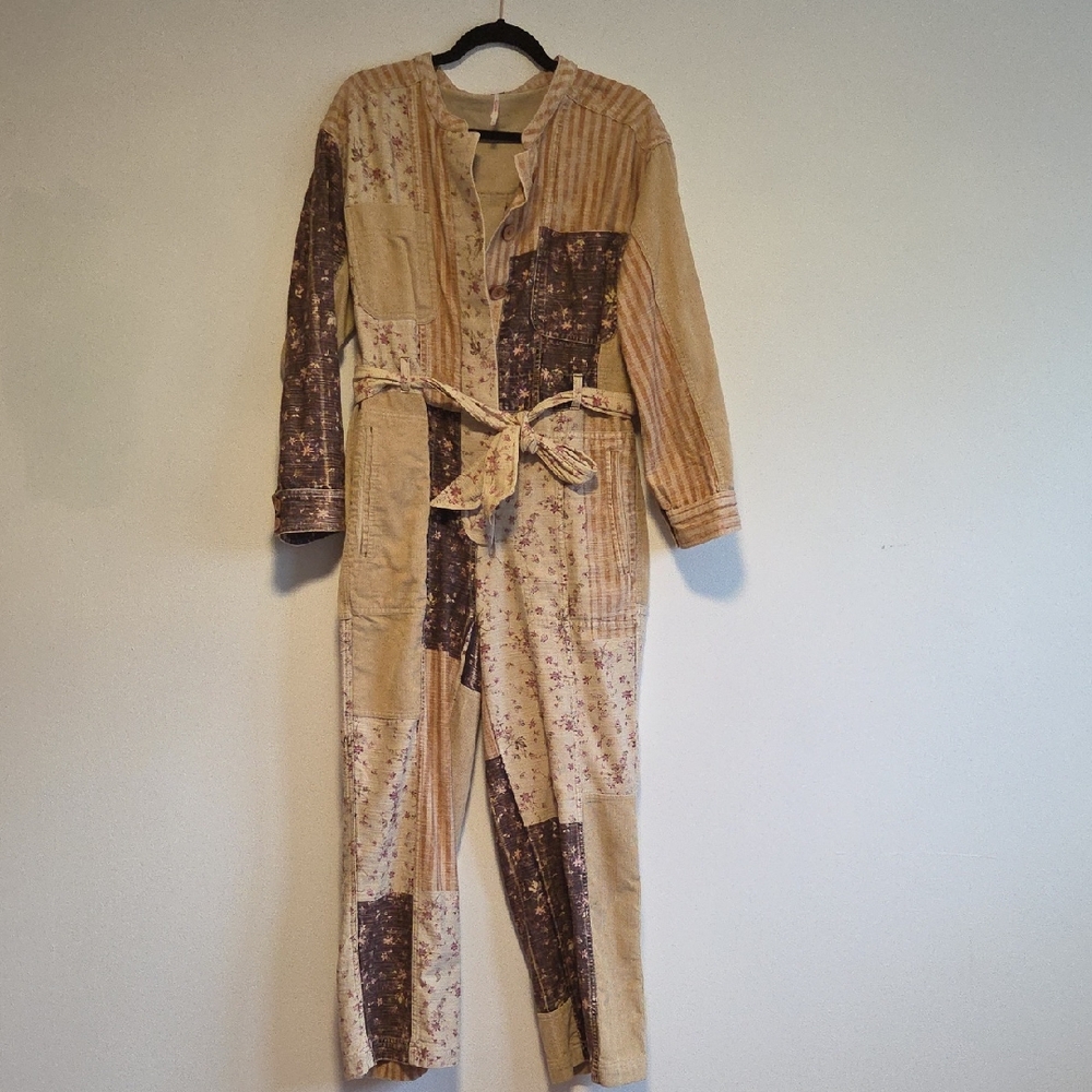 Free People Beige and Brown Patchwork Jumpsuit